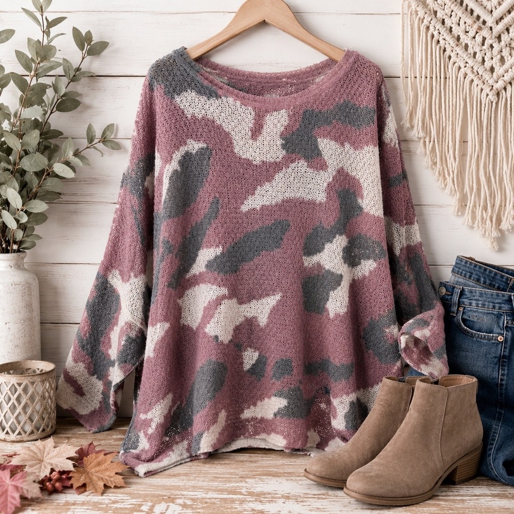 P.O.L. Open Knit Sweater Womens Medium Mauve Gray Camo Dolman Sleeve Lightweight